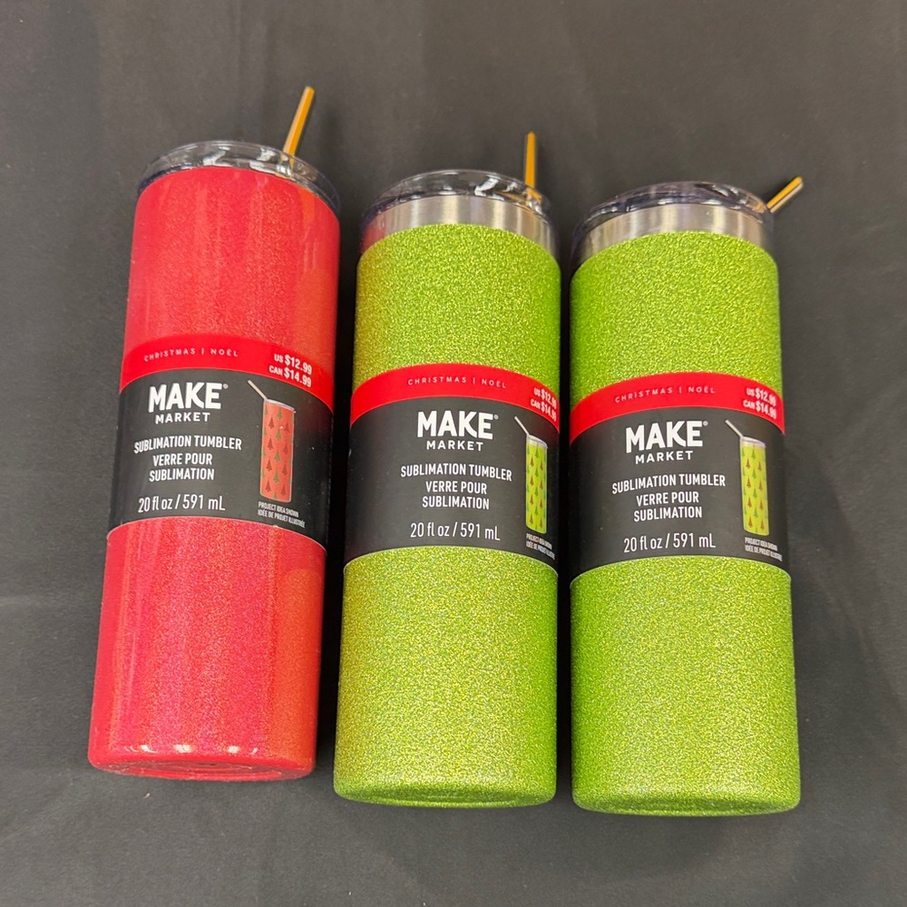 Make Market Sublimation Tumblers bundle of three 2 green glitter 1 red smooth